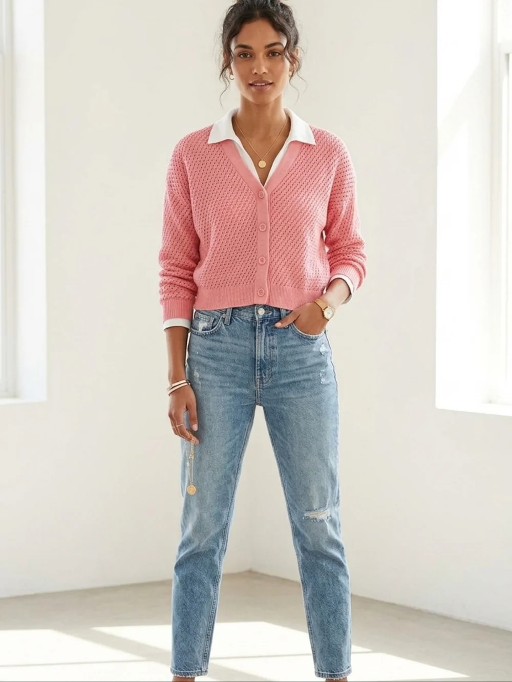 GAP Rose Pink Open-Knit Button Cardigan